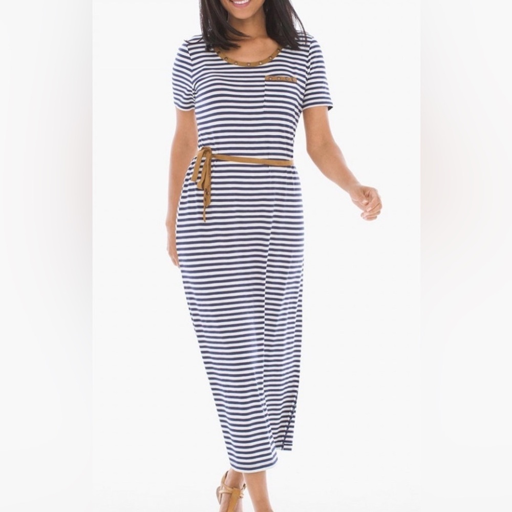 Chico’s Navy White Striped Tan Trim Stud Accents Maxi T-Shirt Dress 2 or Large